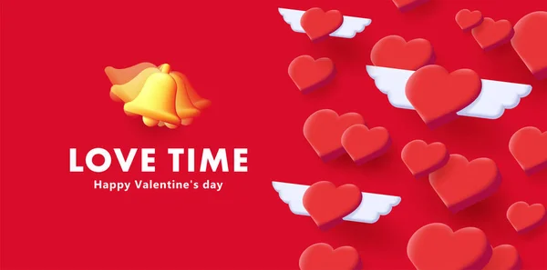 Love time banner digitale o poster con cuori isometrici 3d con motivo ad ali e campanello — Vettoriale Stock
