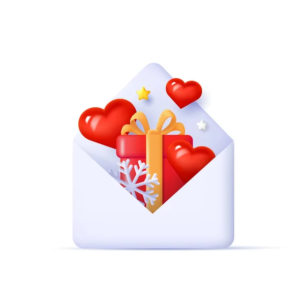 3d render illustration od a open ampope with love hearts and gift box with snowflake inside it - Stok Vektor