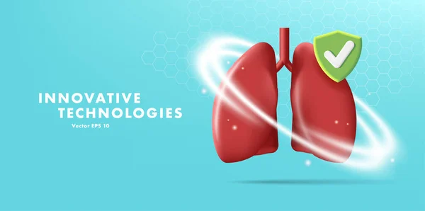 Webbanner mit 3D-Illustration menschlicher Lungen mit Schutzfeld und Schildsymbol — Stockvektor