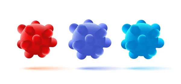 Set ikon terisolasi molekul partikel Virus. Organisme patogen. Bola cacat dalam warna biru dan merah - Stok Vektor