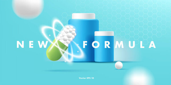 Web banner with drug medicine bottles and pill, new formula promo, blue plastic bottles and background with molecules — Stock Illustration Web banner with drug medicine bottles and pill, new formula promo, blue plastic bottles and background with molecules — Stock Vector