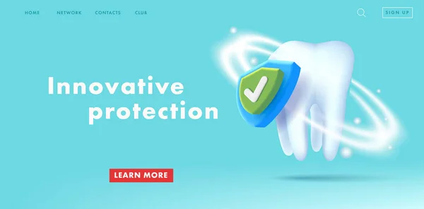 Spanduk web dengan gambar 3d tentang gigi sehat dan perisai pelindung, konsep perlindungan anti-karies - Stok Vektor