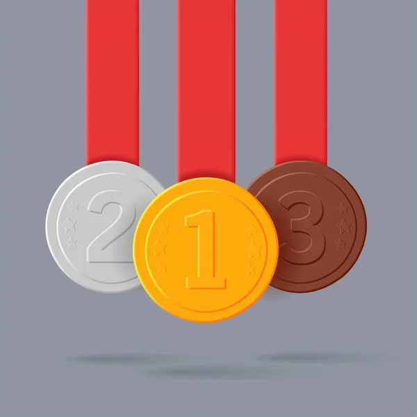 Gold, silver and bronze medals with red ribbons hang from top, 3d win label — Stock Vector