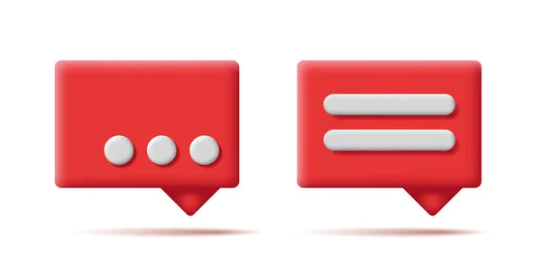 Set dari ikon pesan, red 3d bentuk render lunak dengan penunjuk dan tiga titik sebagai mengetik atau baris sebagai kompilasi teks - Stok Vektor