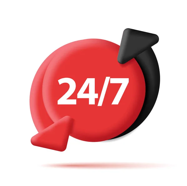 Ventiquattro sette badge di servizio o di supporto, forme rotonde rosse 3d con frecce nere e rosse in cerchio, icona digitale — Vettoriale Stock