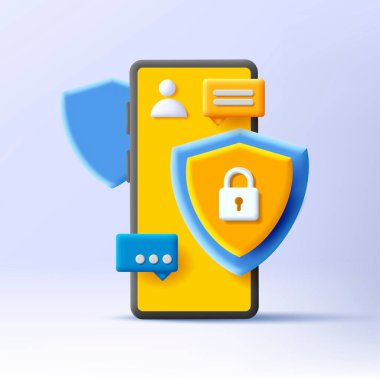 Kalkanlı ve mesajlı bir akıllı telefonun 3D çizimi, güvenlik ve mahremiyet kavramı, güvenli sohbet, koruma