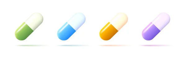 3D-Vektor-Pillen-Symbol-Set, Renderstil, Duo-Kapseln Medikament oder Vitamin — Stockvektor