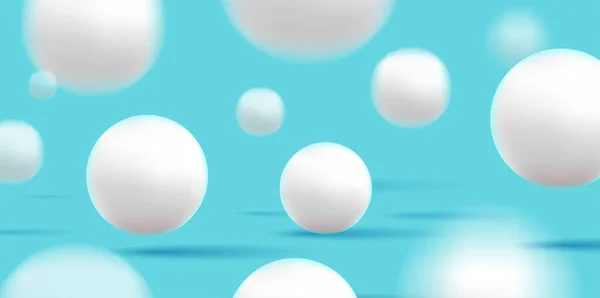 Spadające białe miękkie kule na niebieskim tle, abstrakcyjne kształty 3D skaczące w przestrzeni, dynamiczna tapeta z białymi kulkami — Wektor stockowy