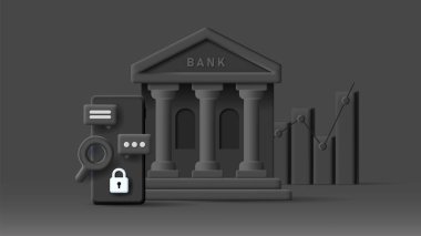 Akıllı telefon ve grafik ile bir banka binası ikonu web dijital illüstrasyonu, mono krom siyah 3d modern karikatür tarzı