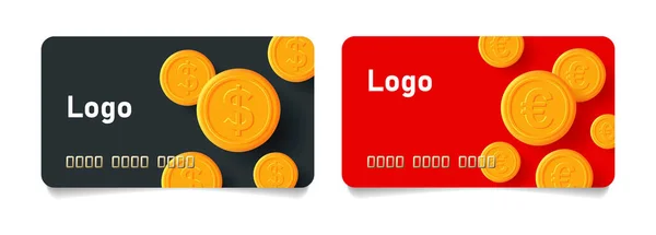 Set di carte di credito modello con dollaro e monete d'oro in euro su sfondo nero e rosso — Vettoriale Stock