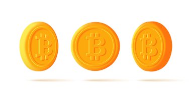 Bitcoin 'in dijital 3d simgesi farklı pozisyonlarda altın sikke