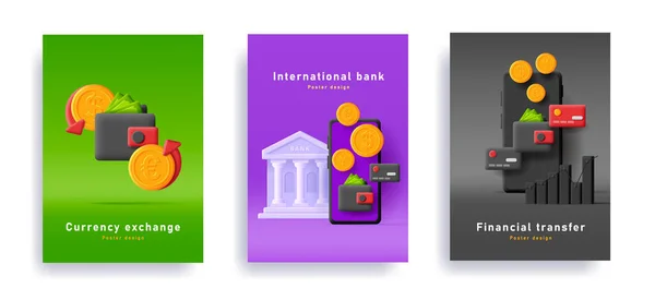 Werbeplakate mit Geldbörse und Münzen, Kreditkarten und Smartphone — Stockvektor