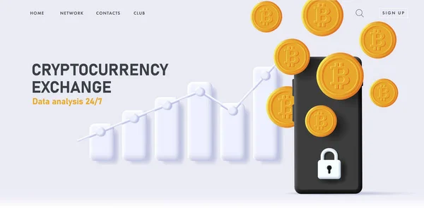 Banner web dengan ilustrasi 3d dari smartphone dengan bitcoin jatuh dan bagan batang di latar belakang - Stok Vektor