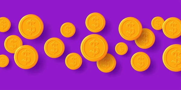 Background with 3d golden dollar coins cartoon style on violet backdrop — стоковый вектор