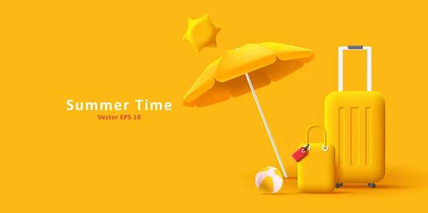 Ilustrasi Kuning Dengan Tas Perjalanan Matahari Dan Payung - Stok Vektor