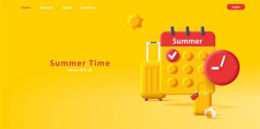 Yaz seyahati takvim ve bavullarla üç boyutlu sarı renkli resimleme