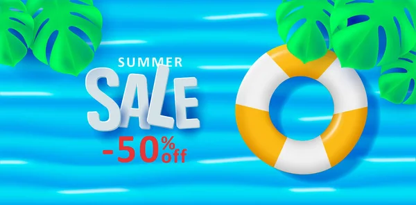 Summer Sale Banner Woth Swiming Circle Palm Leaves — Stock Vector