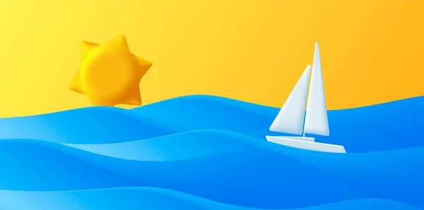 Ilustrasi Cerah Laut Biru Dengan Kapal Pesiar Dan Matahari Ilustrasi - Stok Vektor