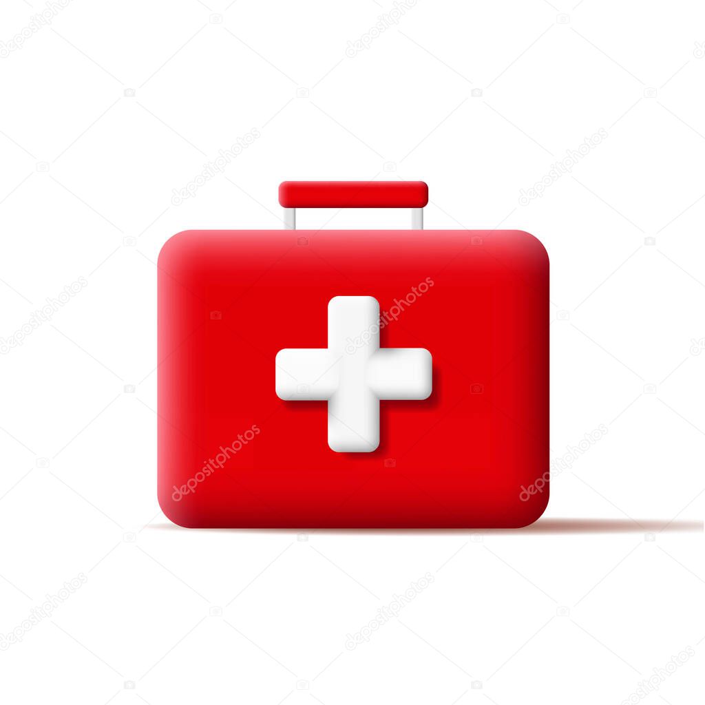3d icon of emergency aid kit, red briefcase with white cross. Vector illustration