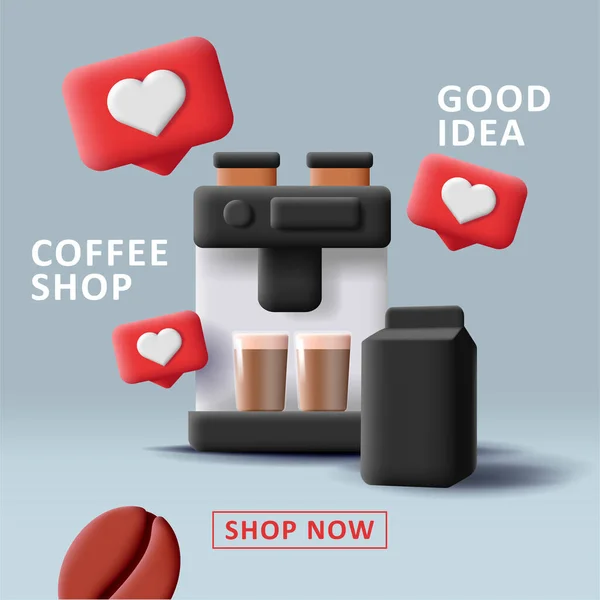 Koffiemachine Illustratie Met Koffie Met Melk Glazen Bekers Harten Houdt — Stockvector