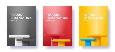 3 boyutlu sütun şekilli ürün sunum posterleri. Vektör illüstrasyonu
