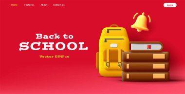 Okul sırt çantası, kitap yığını ve zilin 3 boyutlu resimli web afişi. Kırmızı arkaplanda vektör illüstrasyonu