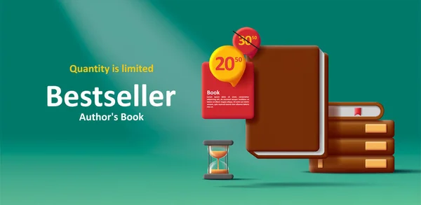 Διαφημιστικό Banner Στοίβα Από Βιβλία Και Φούσκα Πώληση Ρολόι Άμμο — Διανυσματικό Αρχείο