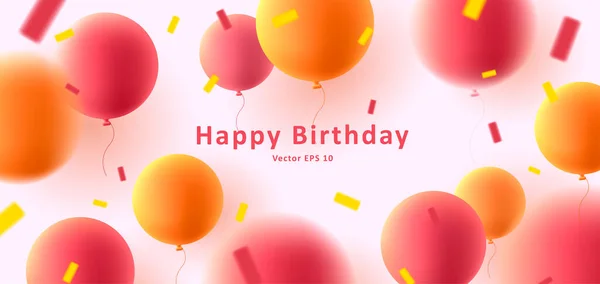 Happy Birthday Banner Red Yellow Realistic Balloons Confetti Vector Illustration — 图库矢量图片