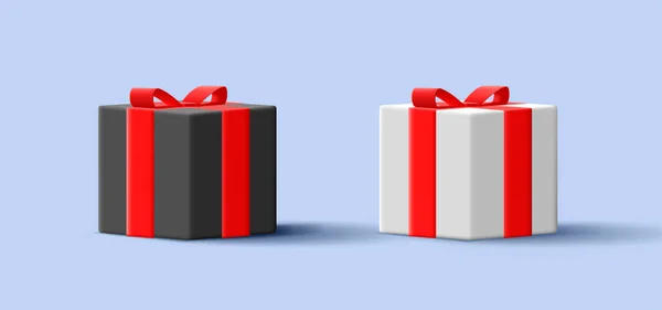 White Black Gift Box Red Ribbon Bow Isolated Vector Illustration — Stockvektor