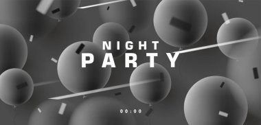 Konfetili tek renkli hava balonları, gece kulübü parti tanıtımı. Vektör illüstrasyonu