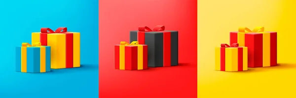 Set Coffrets Cadeaux Avec Ruban Arc Petits Grands Dans Différentes — Image vectorielle