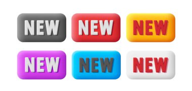 yeni etiket 3d rozet seti, metin ile izole etiketler, çizgi film biçimi illüstrasyonu