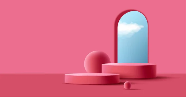 製品台座 アーチ窓と空とシリンダー3D表彰台 ピンクの室内部屋 レンダリングイラスト — ストックベクタ