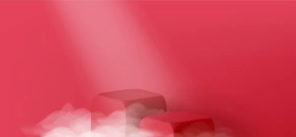 Czerwony Kwadrat Kostka Produkt Podium Ilustracja Mgła Lub Chmury Reflektor — Wektor stockowy