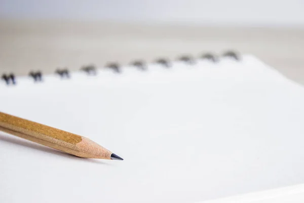Nahaufnahme Eines Notizblocks Mit Bleistift Stift Stift Auf Hellem Hintergrund — Stockfoto