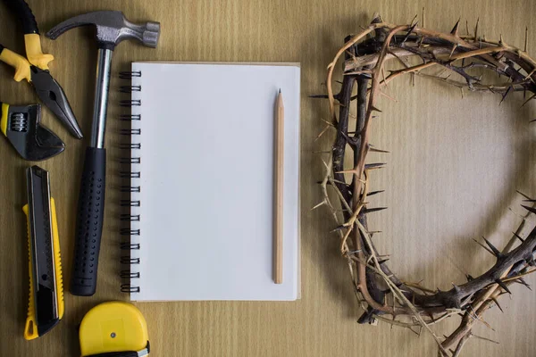 Blank Notepad Tools Pencil Wooden Table ストック写真