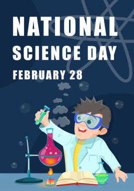 vector illustration science day poster. Young scientists doing research in lab, can use for poster, background, web