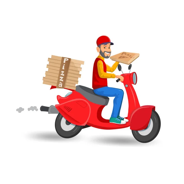 Bonito repartidor de comida hombre de pizzería en un scooter con cajas de pizza sobre fondo blanco — Vector de stock