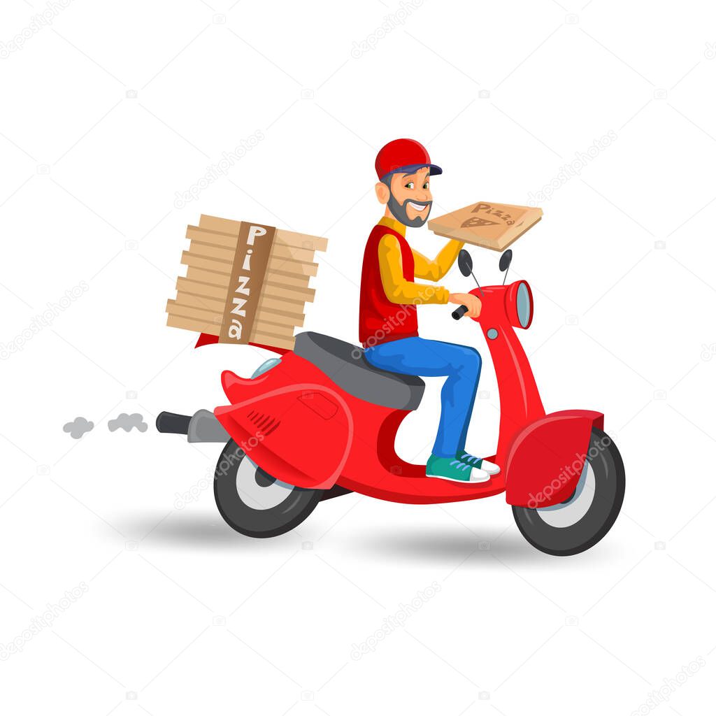 Nice food-delivery man of pizzeria on a scooter with boxes of pizza on white background