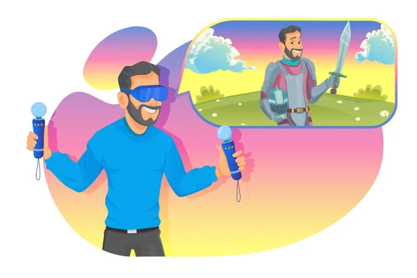 Un hombre joven con auriculares VR con interfaz de VR tocar y jugar juego — Vector de stock