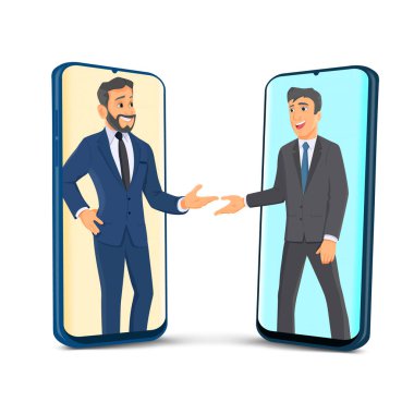 İş adamları video konferans inişini kullanır. Akıllı telefon ekranındaki insanlar iş arkadaşlarıyla....