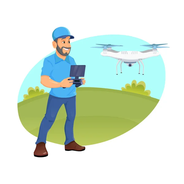 Een jongeman die een drone bestuurt met afstandsbediening. Blanke man die een drone bestuurt met afstandsbediening. De vrolijke man die een drone bestuurt. — Stockvector