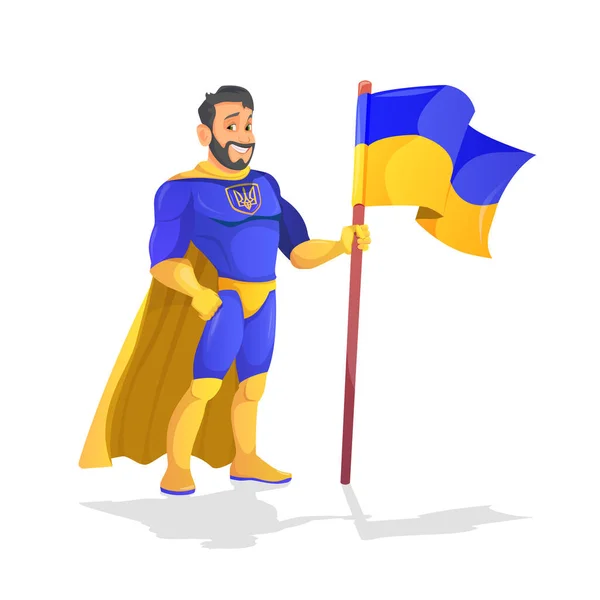 Jóképű Szuperhős Áll Ukrán Zászló Hősies Barátságos Mosollyal Fehér Háttér — Stock Fotó