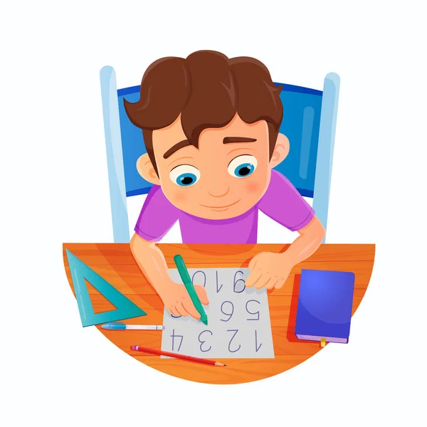 Menino Fazendo Trabalhos Casa Lendo Escrevendo Números Sua Mesa Ilustração — Fotografia de Stock