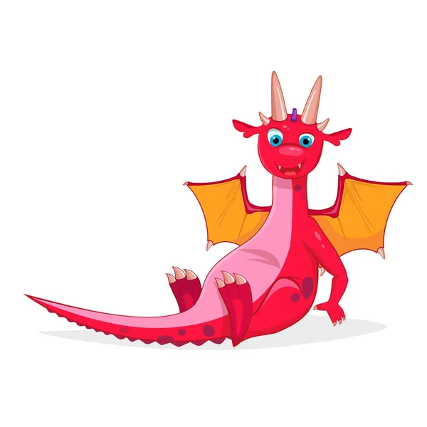 Funny Cartoon Little Red Sitting Dragon Isolated White Background — стоковое фото