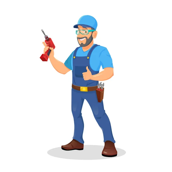 Repairman Holding Electric Screwdriver Smile White Background — стоковое фото