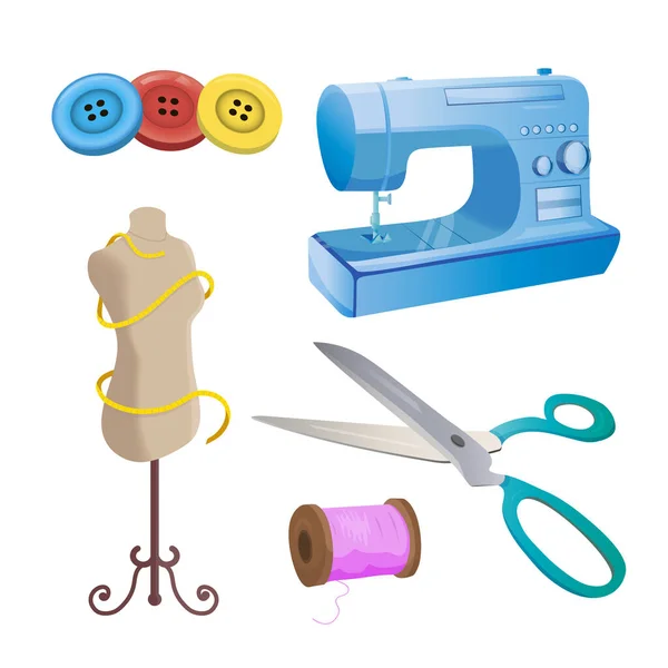 Dressmaker Colorful Doodle Illustrations Collection Vector Sewing Machine Dummy Scissors — Stok fotoğraf