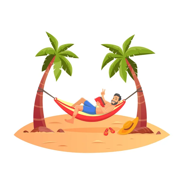 年轻快乐的男人躺在棕榈树下的吊床上在海滩上休息 希斯特男子躺在热带海滩的吊床上 — 图库矢量图片