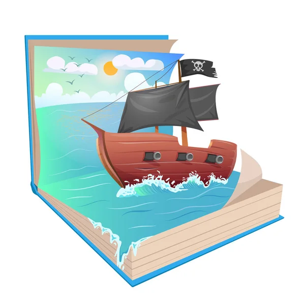 在一本关于白色背景的公开书籍中描述一艘驶向大海中一个岛屿的船只 — 图库矢量图片
