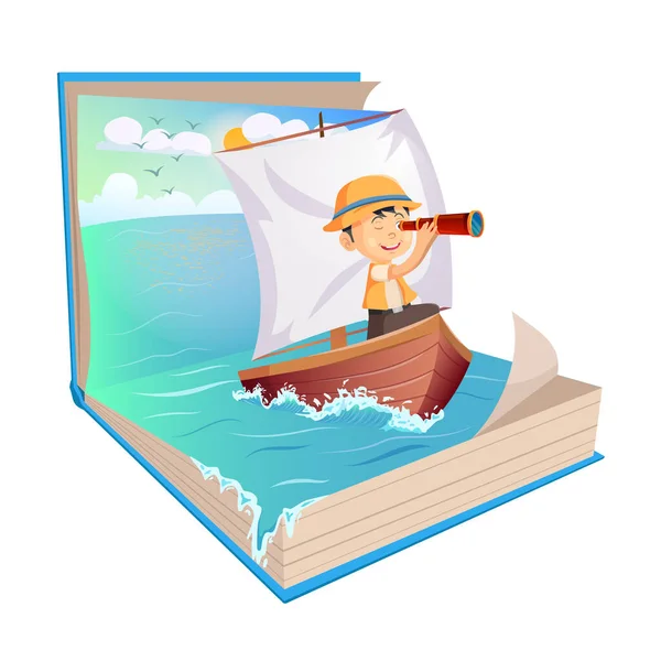 水手小男孩拿着望远镜在帆船上翻开一本白色背景的书 — 图库矢量图片
